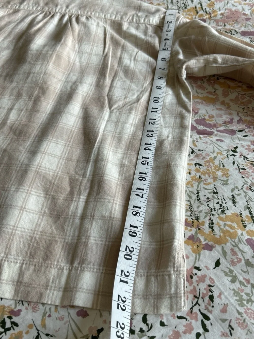 Women's Neutral Cream Plaid Button-Down Shirt with Ruffle Detail - Picture 8 of 8